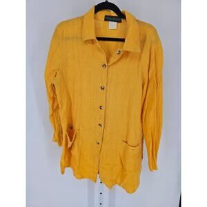 Harve Benard Women's Yellow Button Up Long Collared Sleeves Pocket Top Size 16